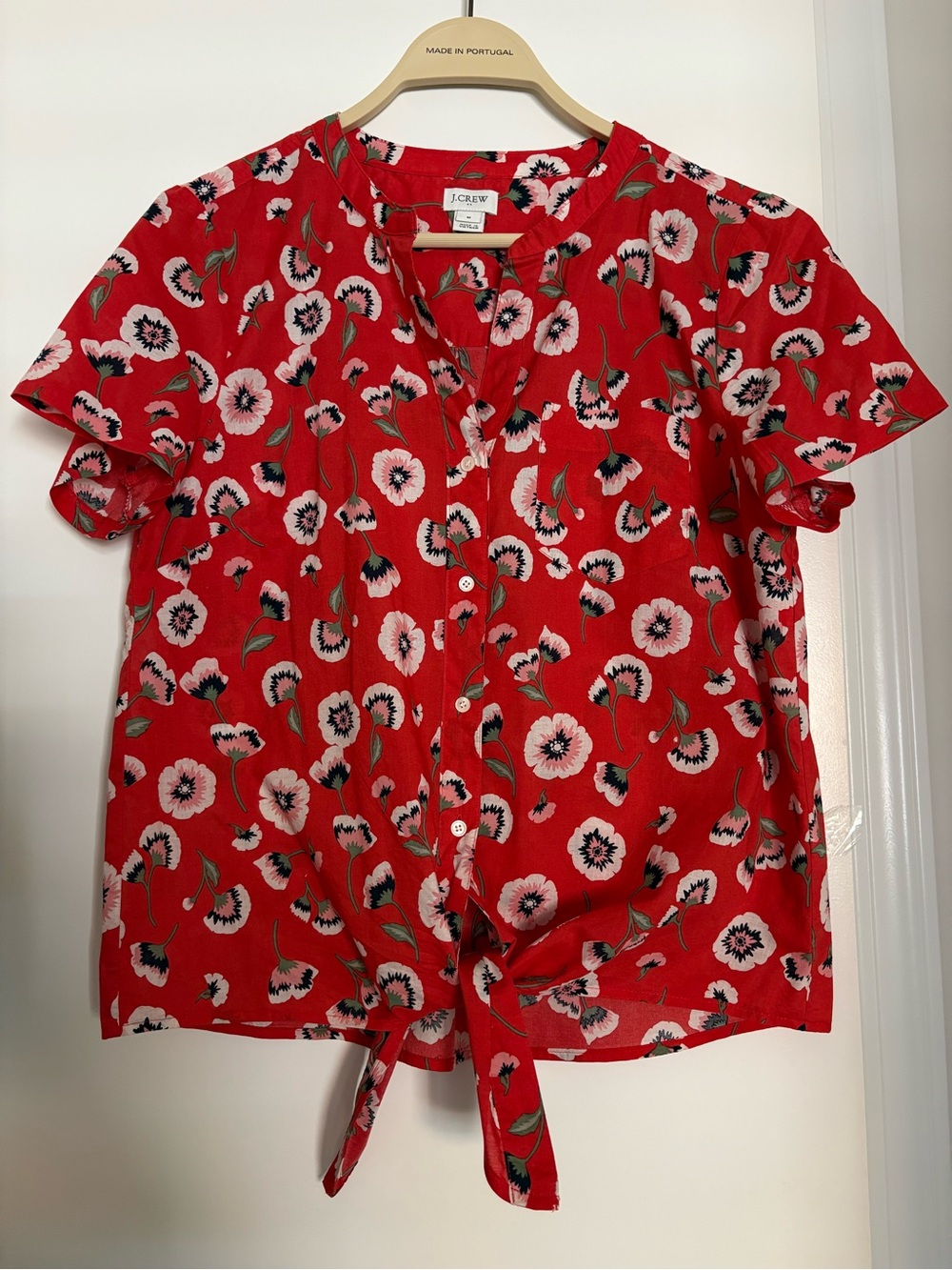 J. Crew Red Floral Tie-Front Short Sleeve Blouse
